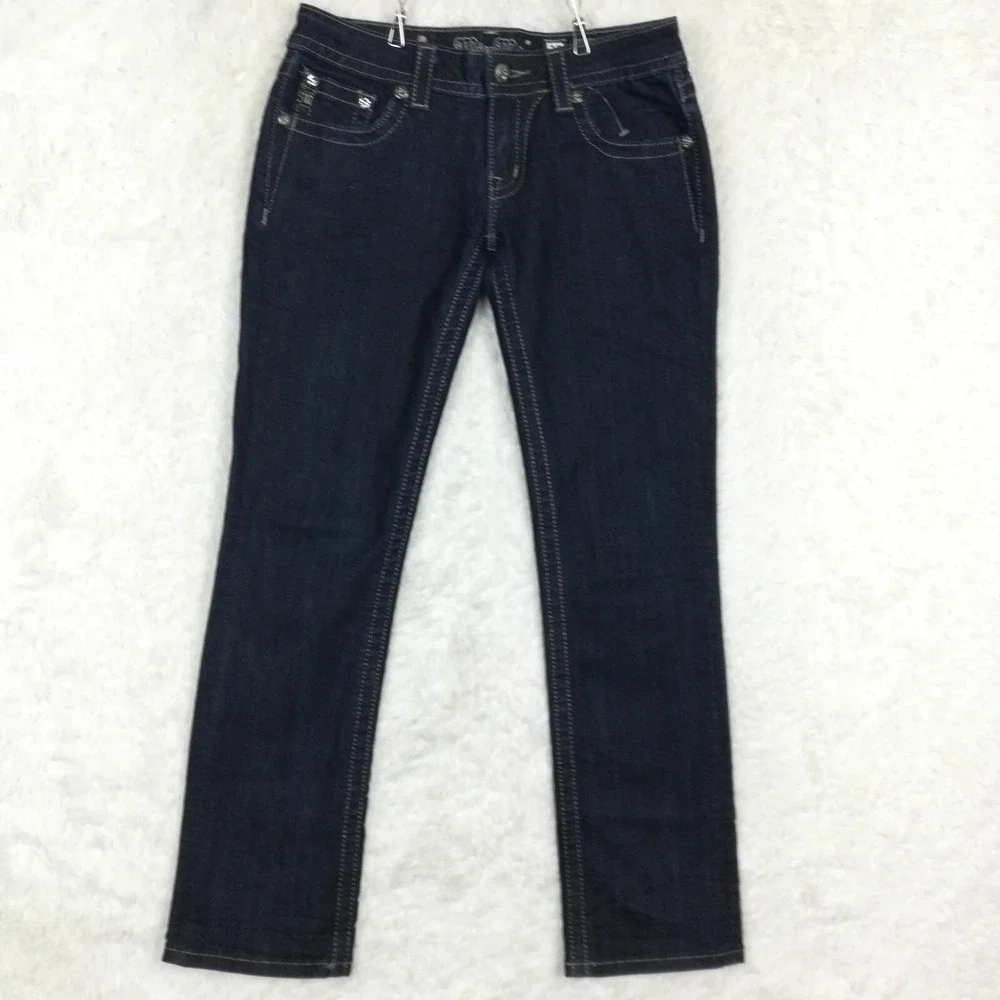 Miss Me Womens Jeans Straight Leg Blue Denim Dark Wash‎ Jeweled Rhinestone 28